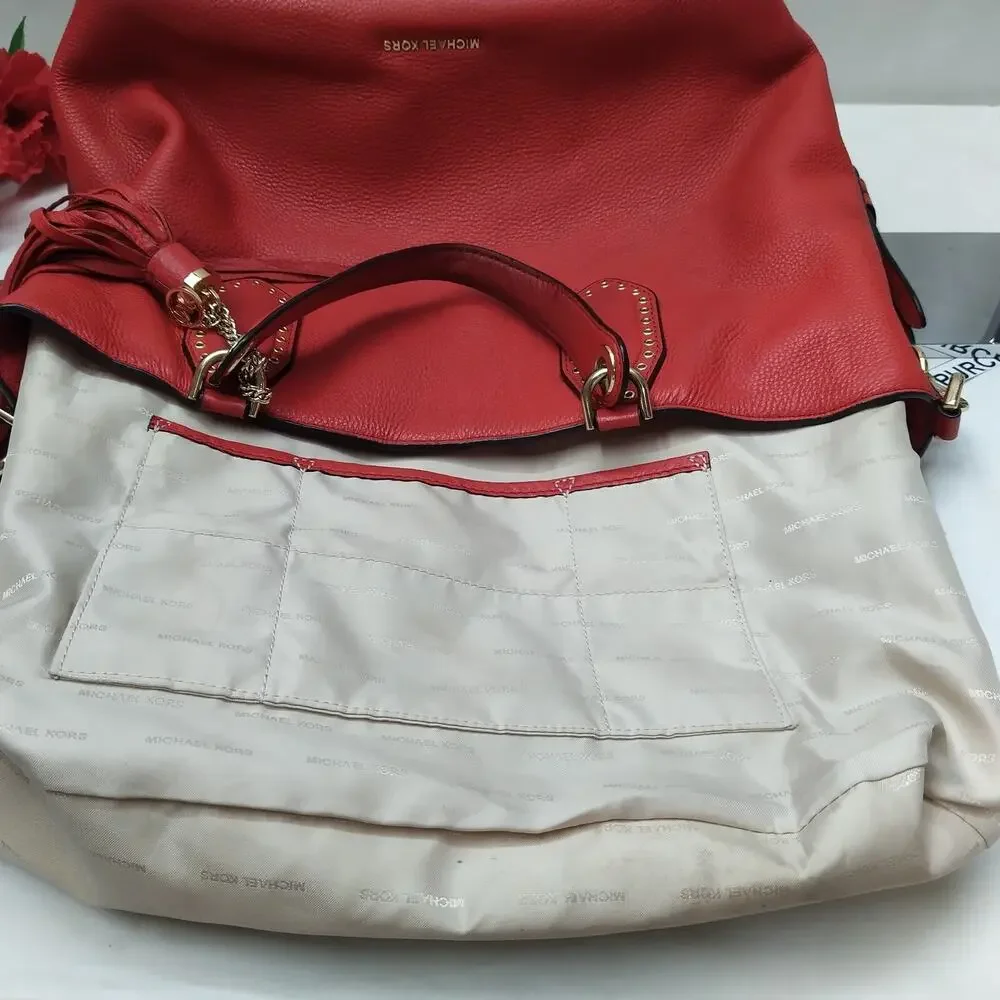 Michael Kors Brooklyn Red Leather Tassel Double Handle Satchel Shoulder Bag